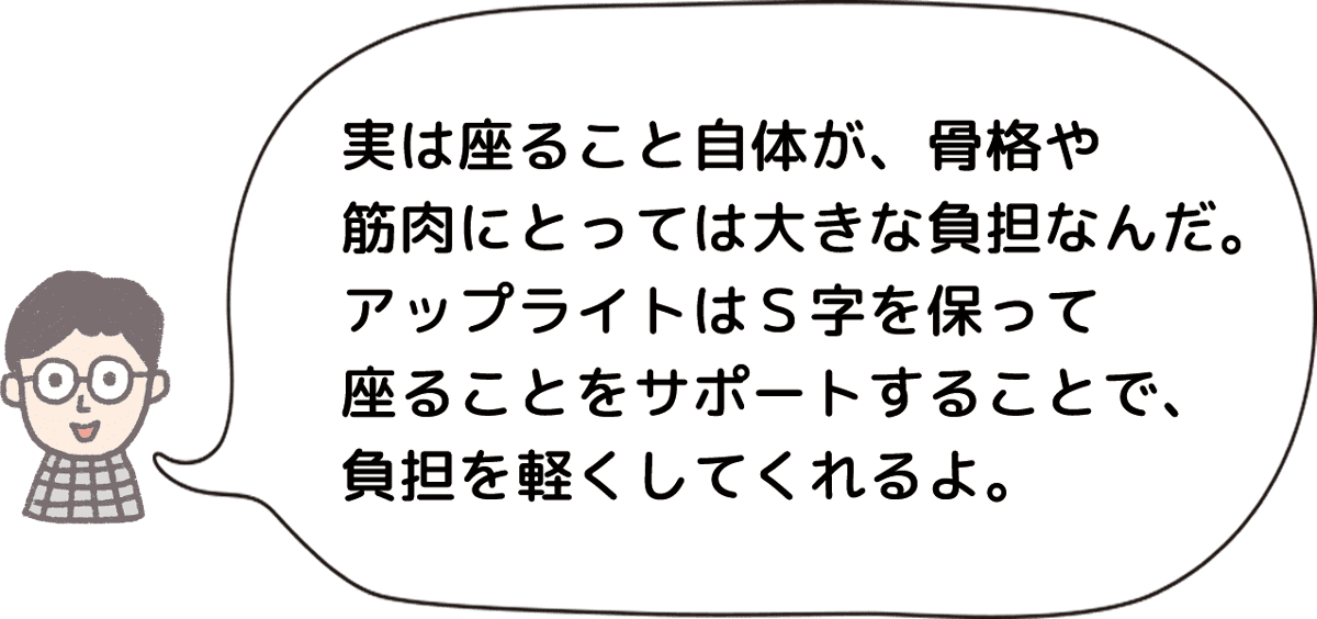 実は座ること自体が、骨格や
筋肉にとっては大きな負担なんだ。アップライトはＳ字を保って座ることをサポートすることで、負担を軽くしてくれるよ。